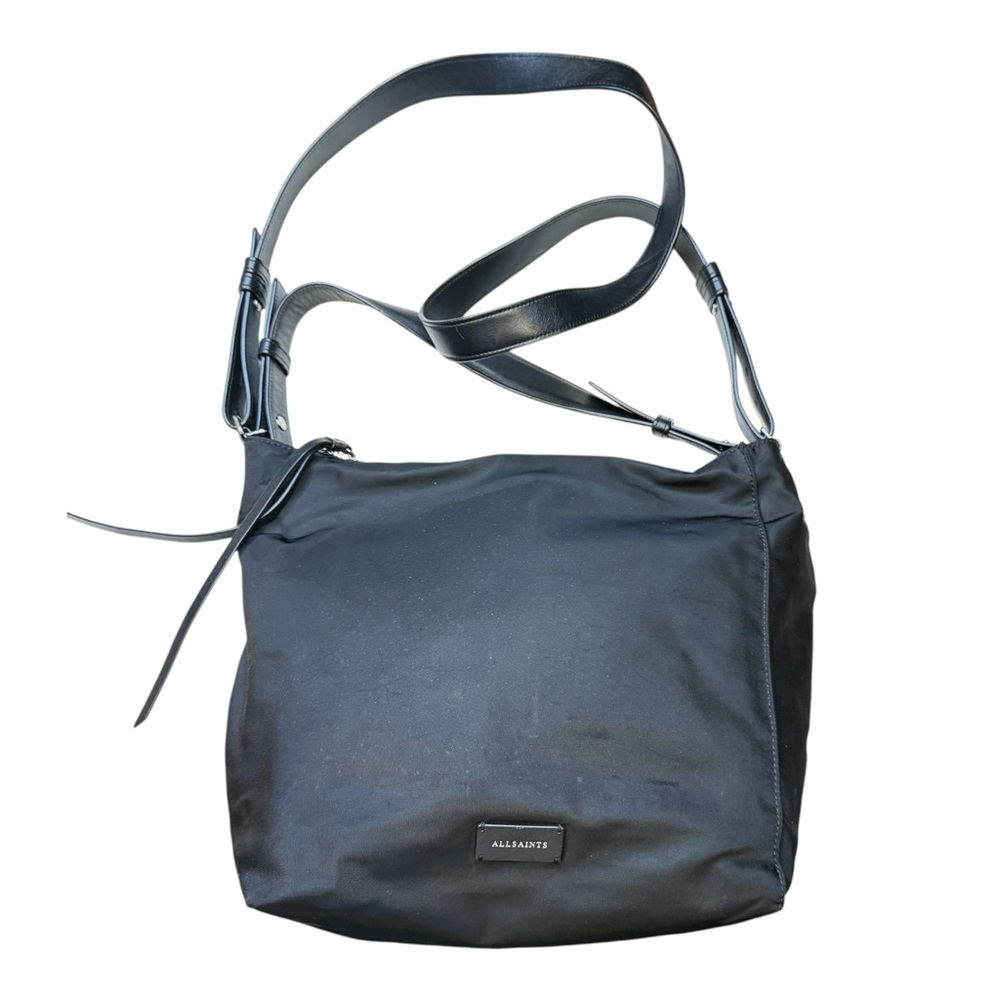 ALL SAINTS Handbag Bag Purse Crossbody Shoulder Nylon 2 Way Black Leather